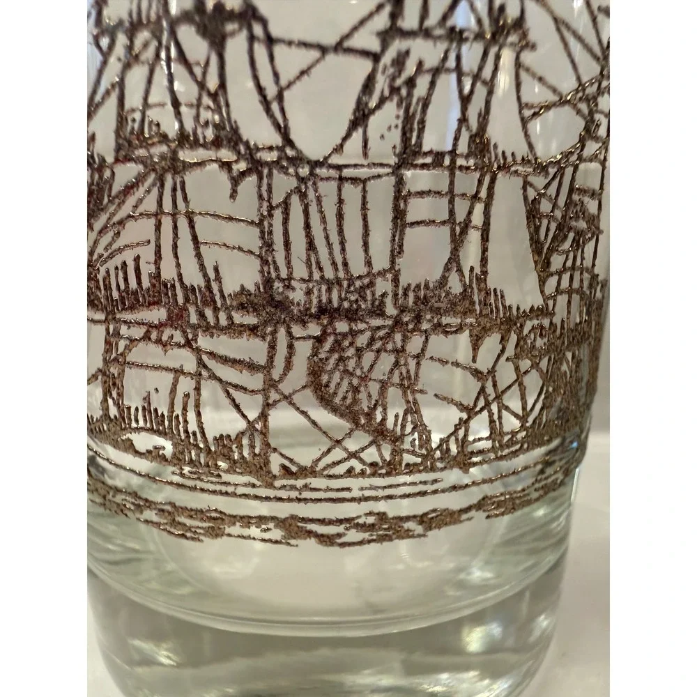 Vintage Ship Whiskey Glasses Set of 2 Brown Nautical Sailing Boat Rocks Tumblers